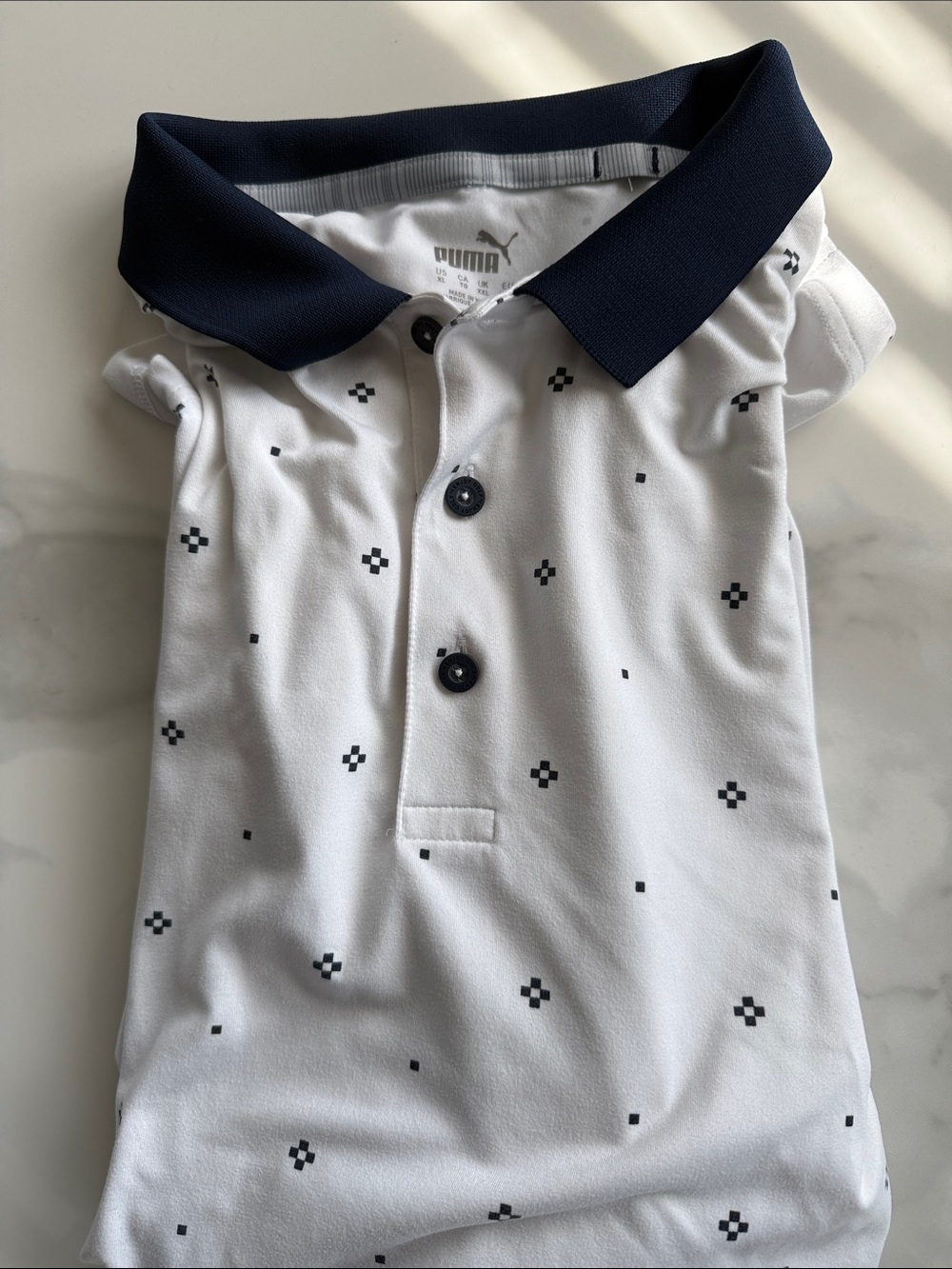 Puma White Polo with Navy Contrast Collar and Micro Geometric Print